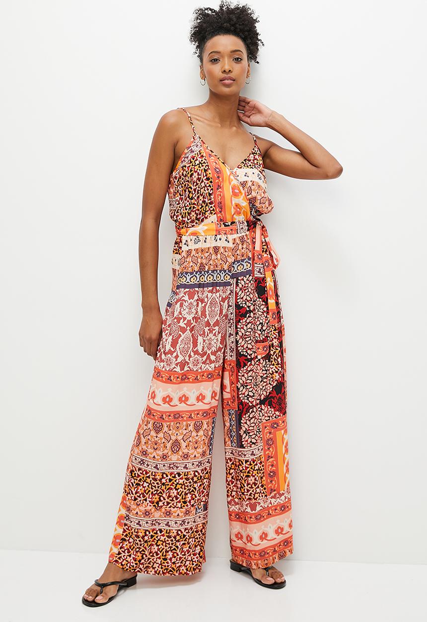 edit - Boho print mix wide leg jumpsuit - magenta paisley