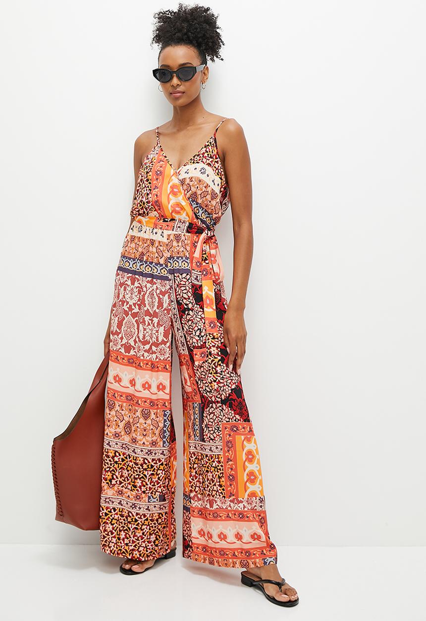 edit - Boho print mix wide leg jumpsuit - magenta paisley