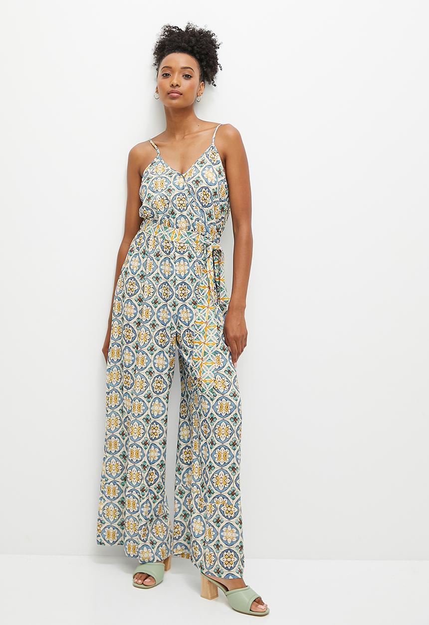edit - Boho print mix wide leg jumpsuit - blue tile print