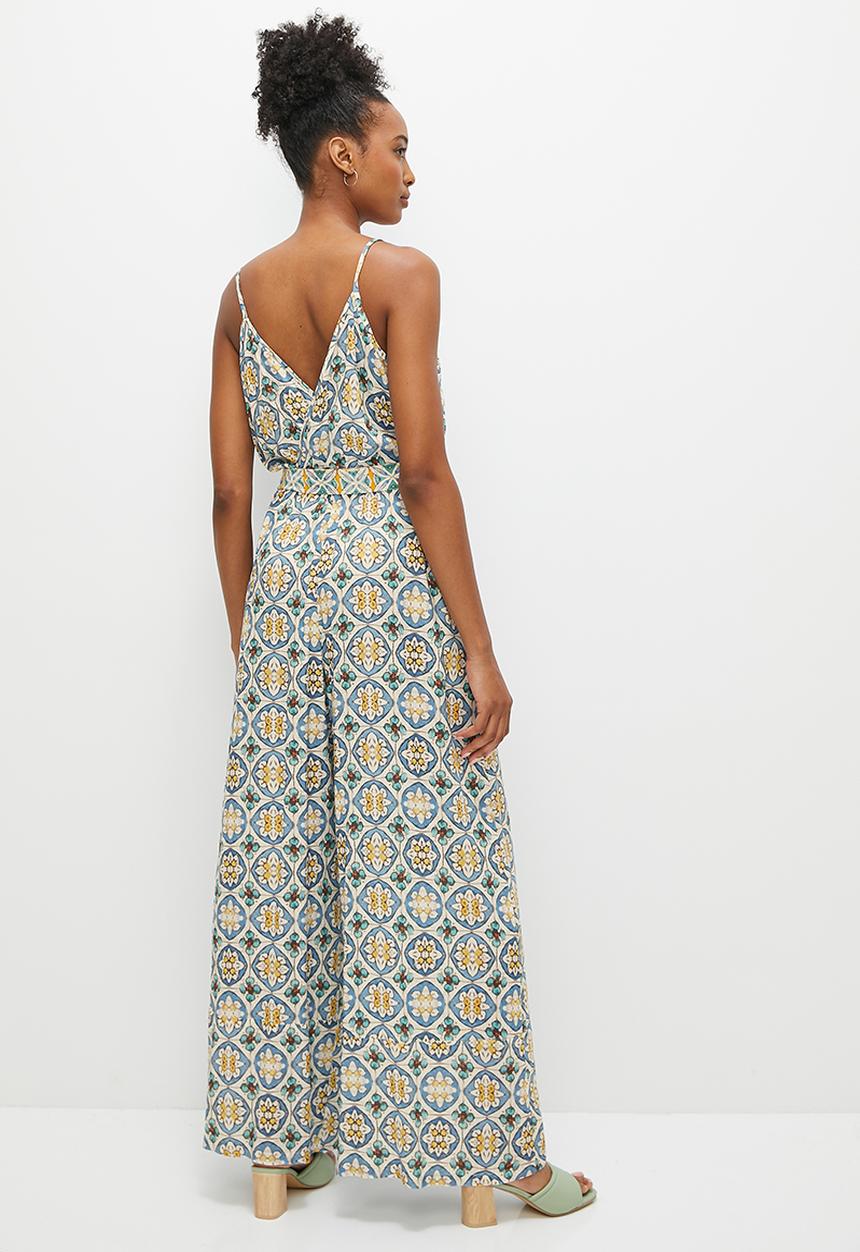 edit - Boho print mix wide leg jumpsuit - blue tile print