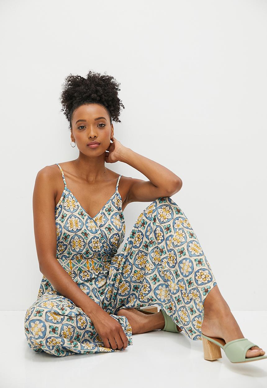 edit - Boho print mix wide leg jumpsuit - blue tile print