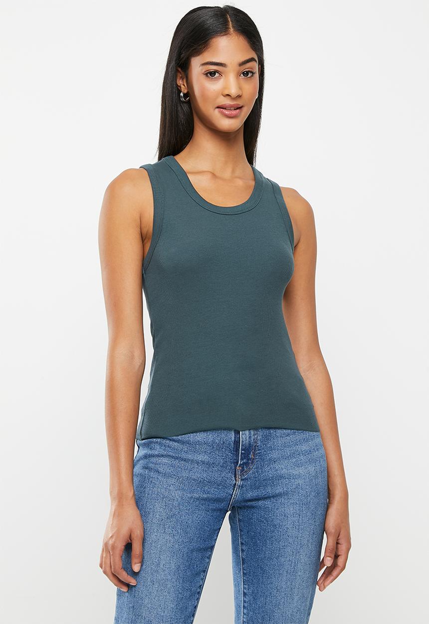 Cotton On - The one organic rib scoop tank - deep sea green