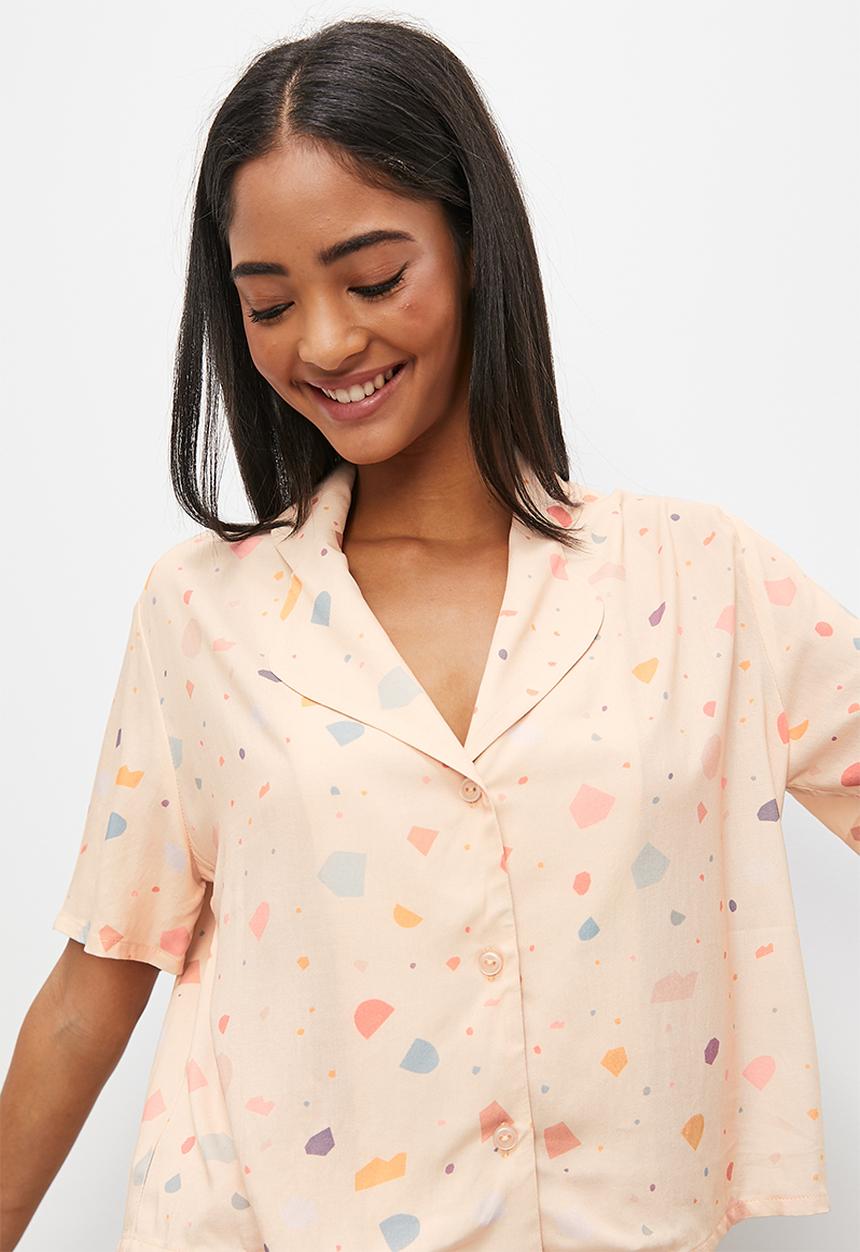 All over print viscose boxy shirt/shorts sleep set - terrazzo