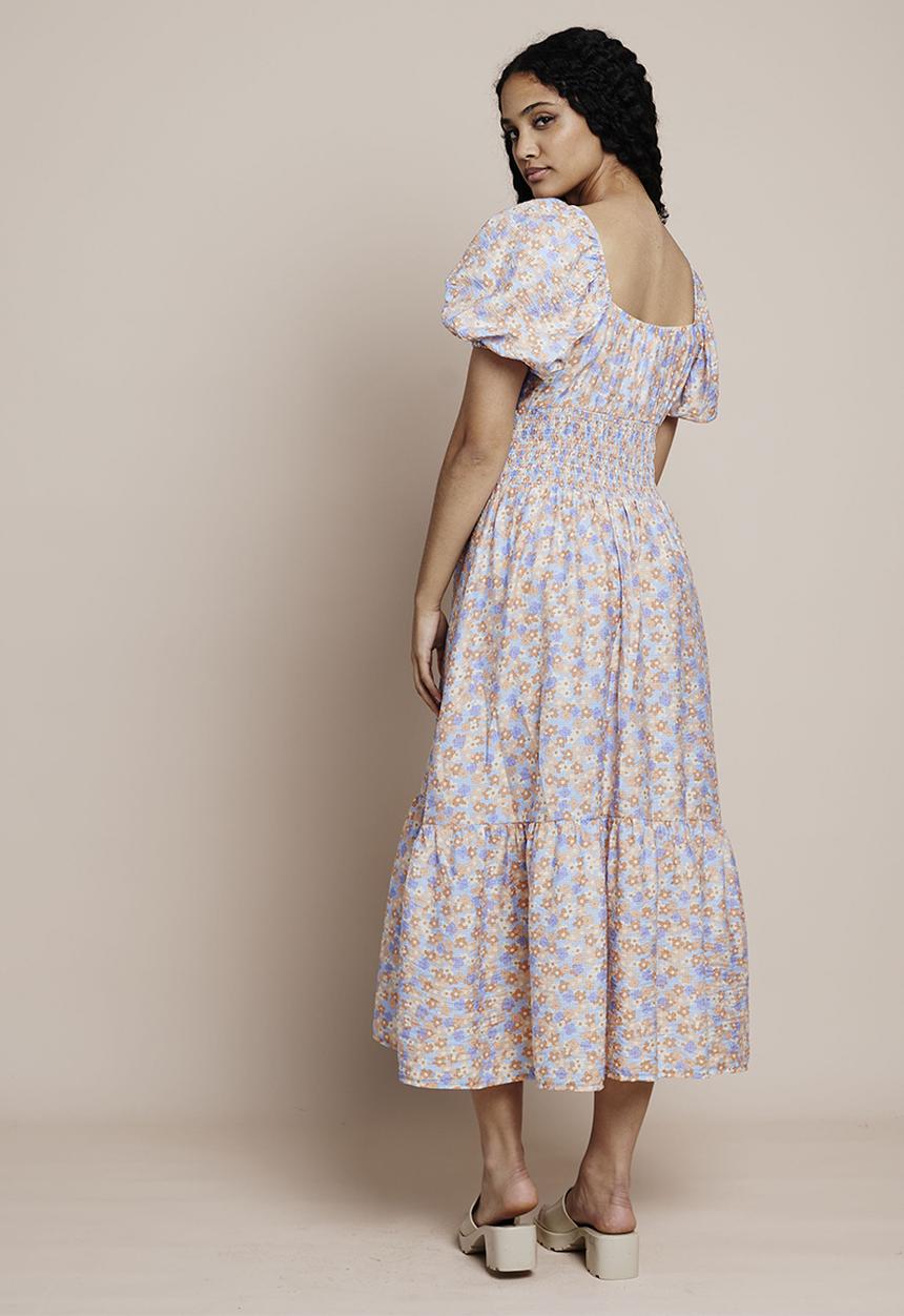 Me&B - Shirring curved band dress with pockets - blues floral ditsy
