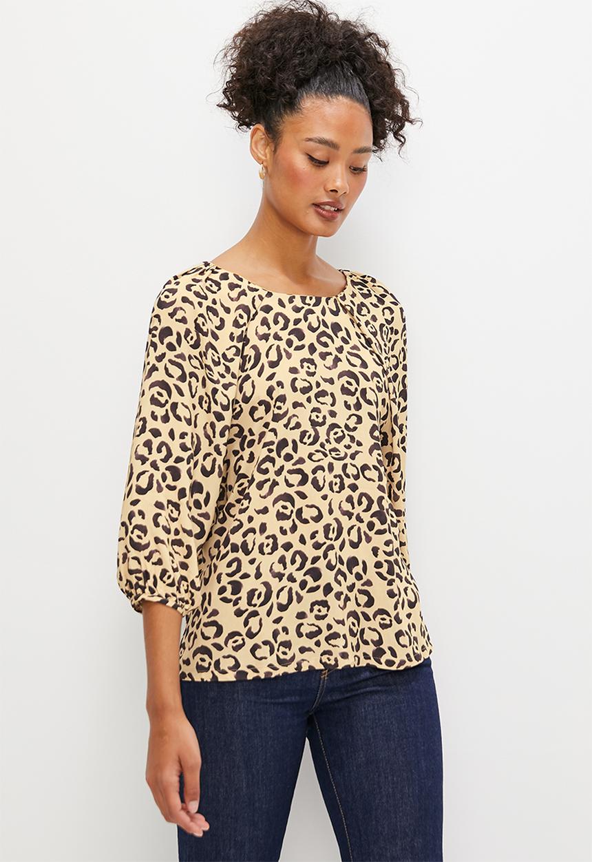 edit - Puff sleeve pleat detail blouse - beige & brown 