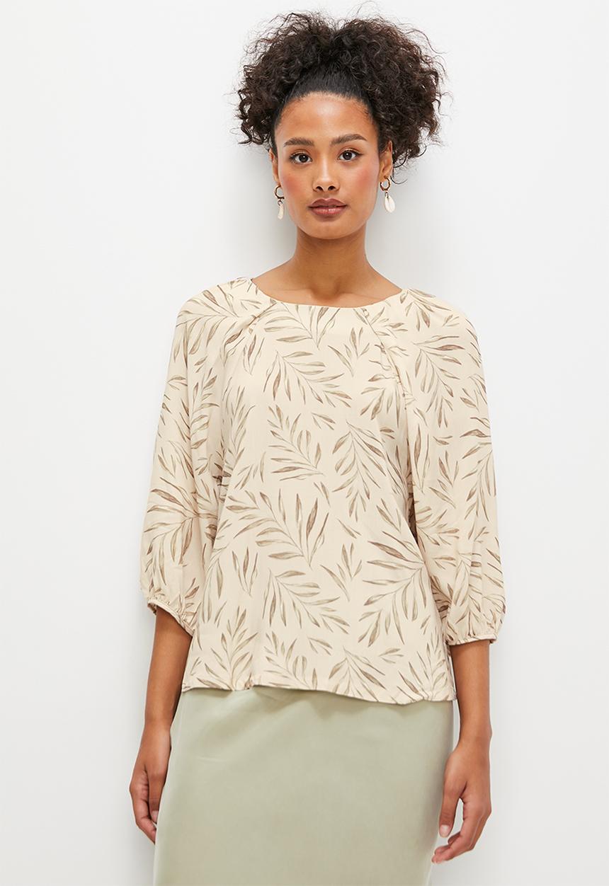 edit - Puff sleeve pleat detail blouse - olive leaves