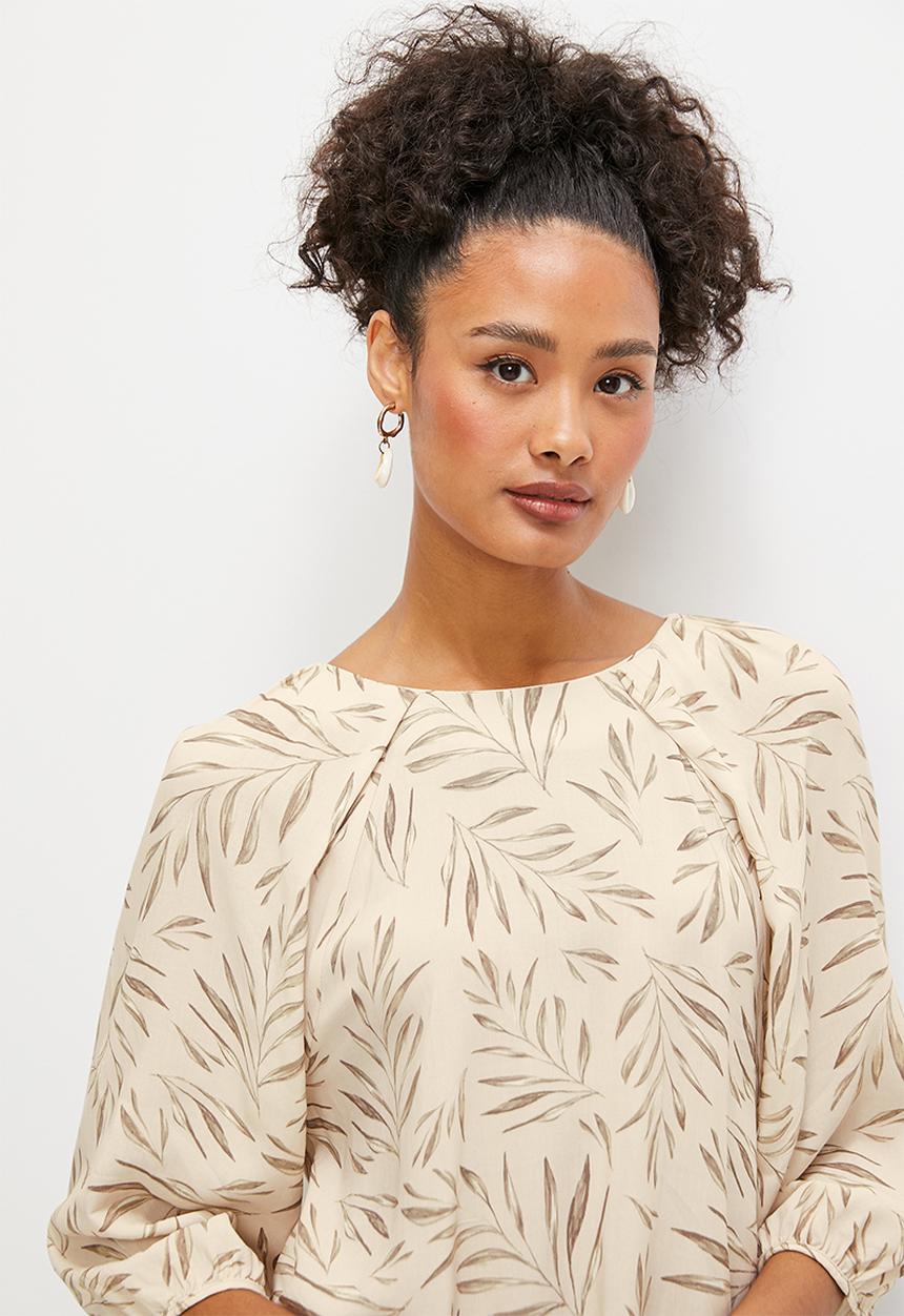 edit - Puff sleeve pleat detail blouse - olive leaves
