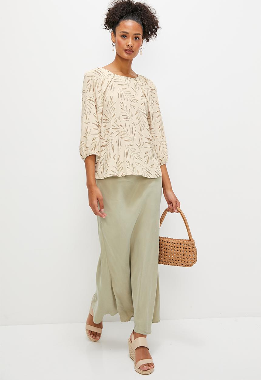 edit - Puff sleeve pleat detail blouse - olive leaves