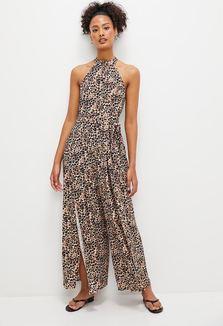 edit - Split leg high neck jumpsuit - mono abstract animal