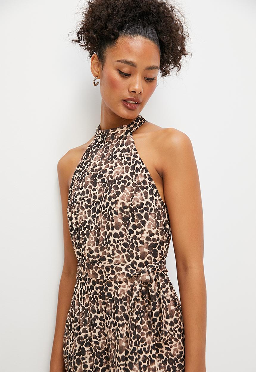 edit - Split leg high neck jumpsuit - mono abstract animal