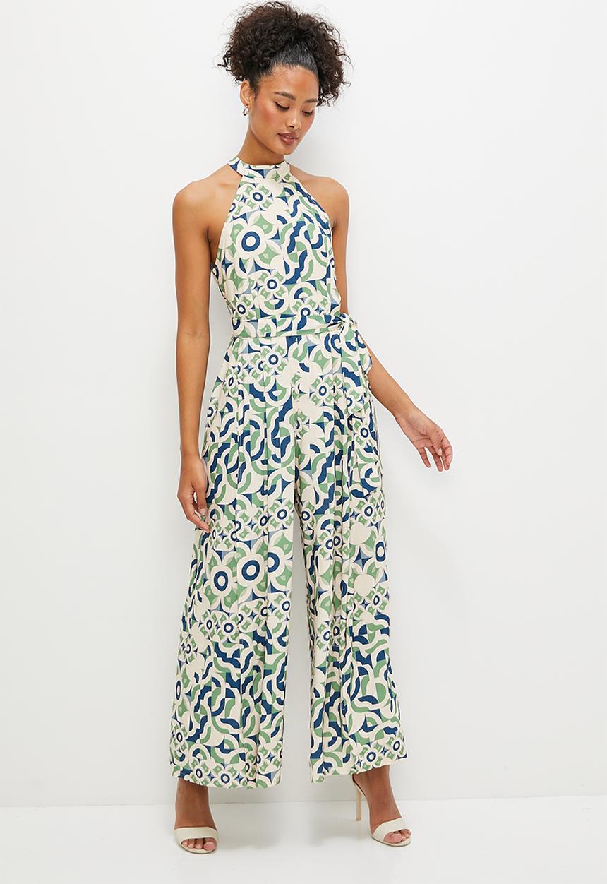edit - Split leg high neck jumpsuit - green geometric print