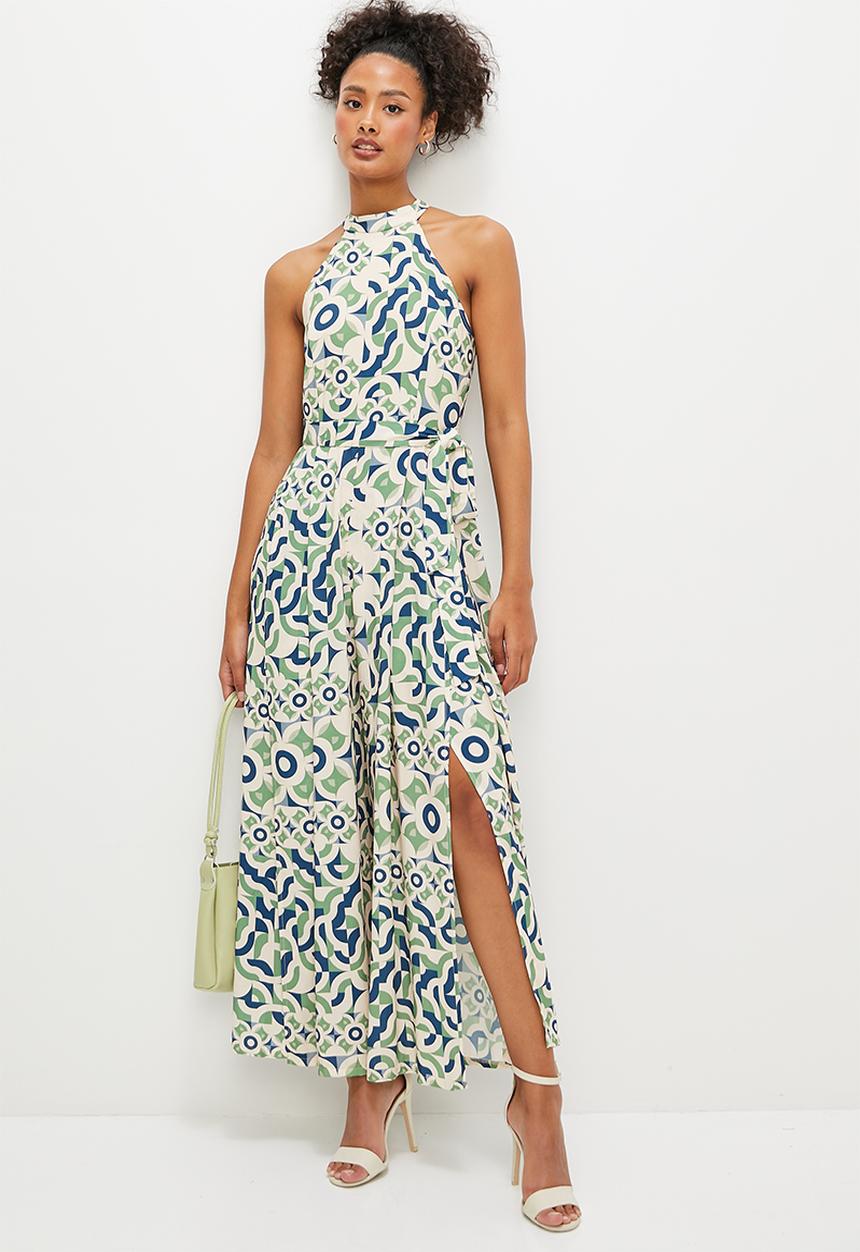 edit - Split leg high neck jumpsuit - green geometric print