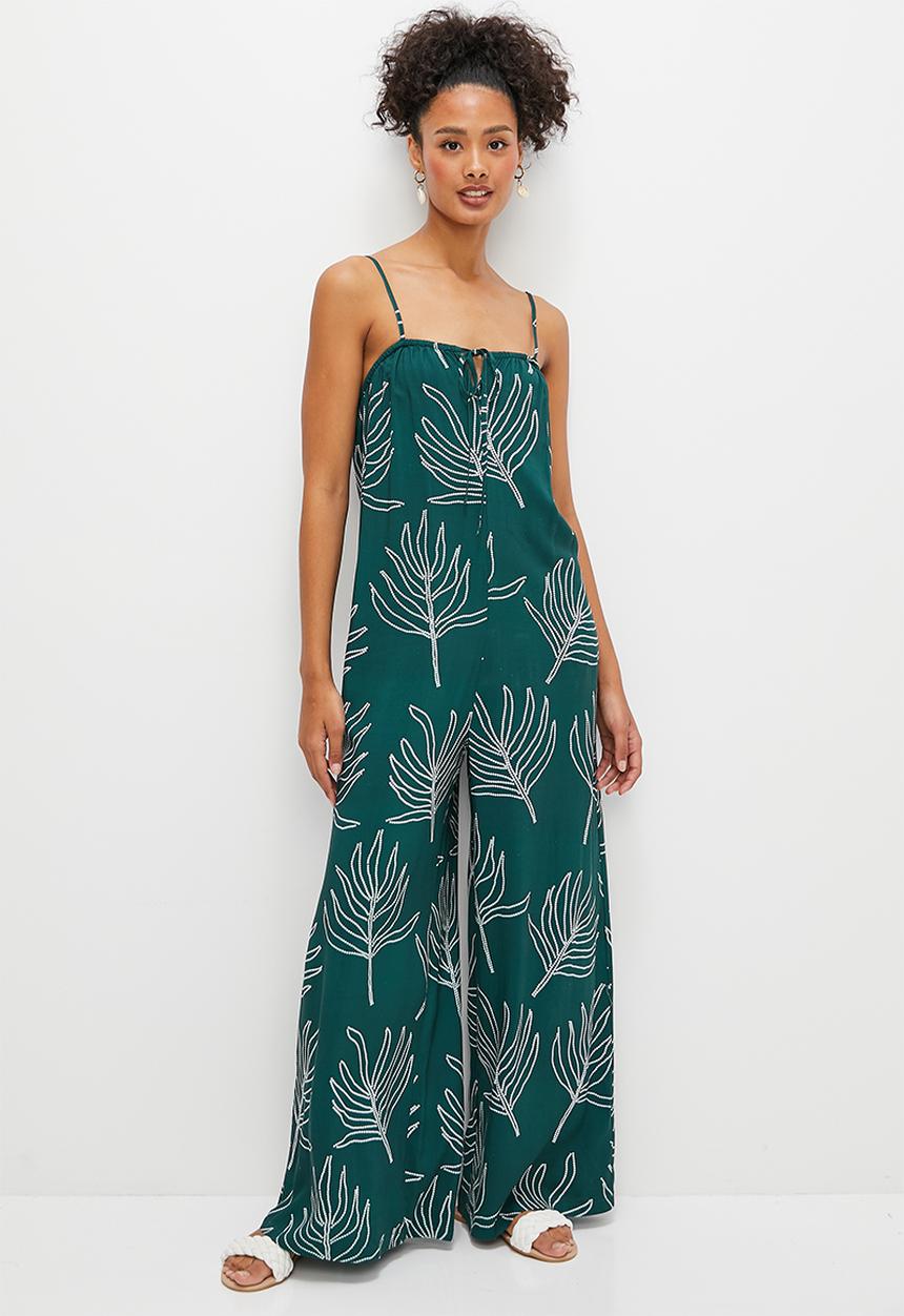 edit - Boobtube wideleg jumpsuit - teal beaded palm print