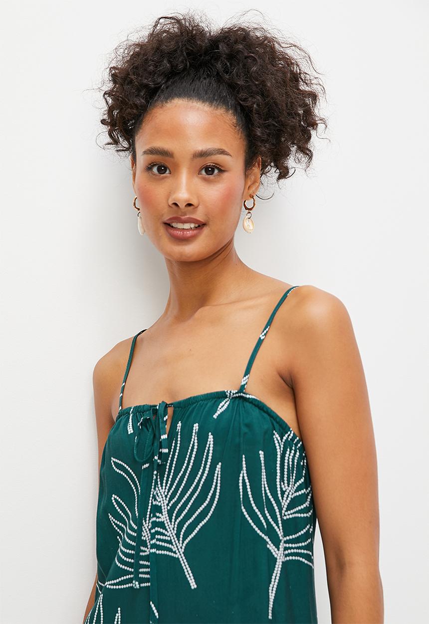 edit - Boobtube wideleg jumpsuit - teal beaded palm print