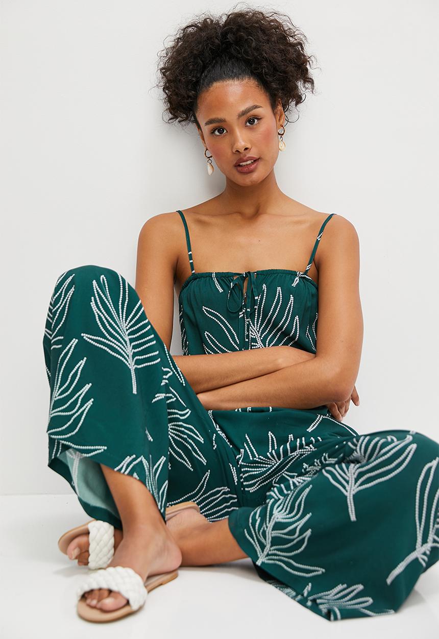 edit - Boobtube wideleg jumpsuit - teal beaded palm print