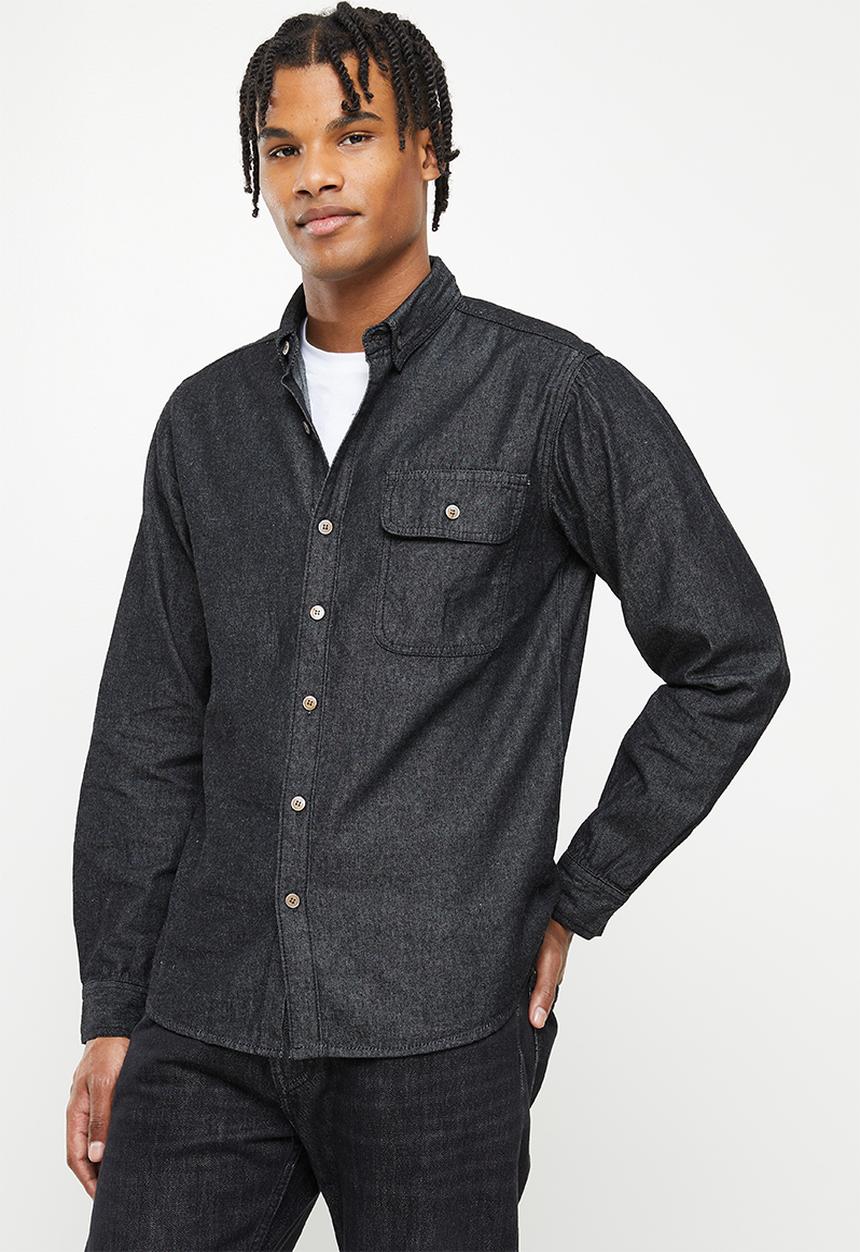 basicthread - Black wash denim shirt - black