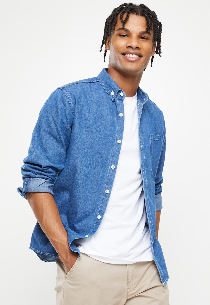 basicthread - Mid wash heavy denim shirt - mid blue