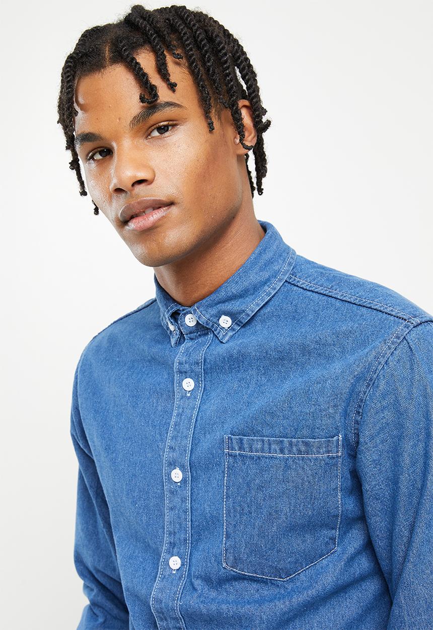 basicthread - Mid wash heavy denim shirt - mid blue