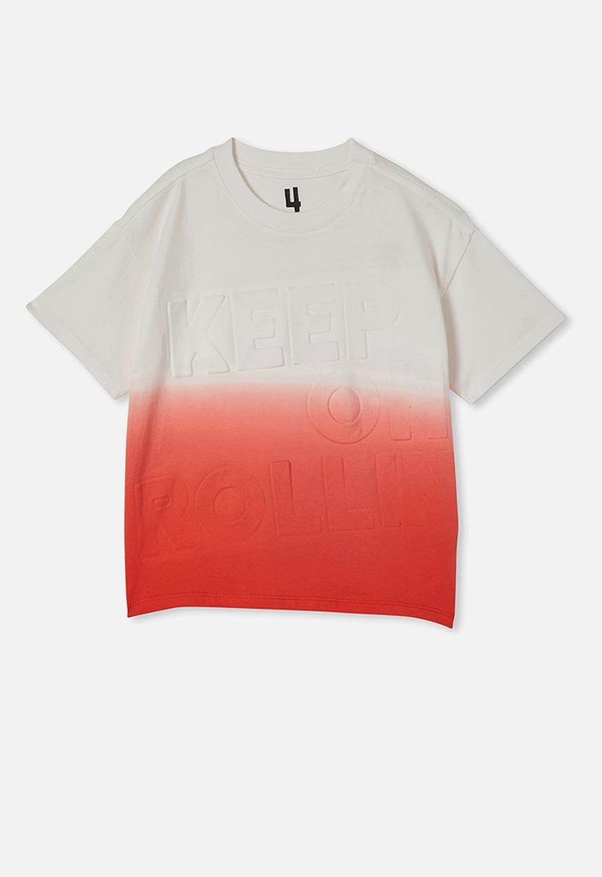Cotton On - Stevie short sleeve embellished tee - flame red dip dye/keep on rolling embossed