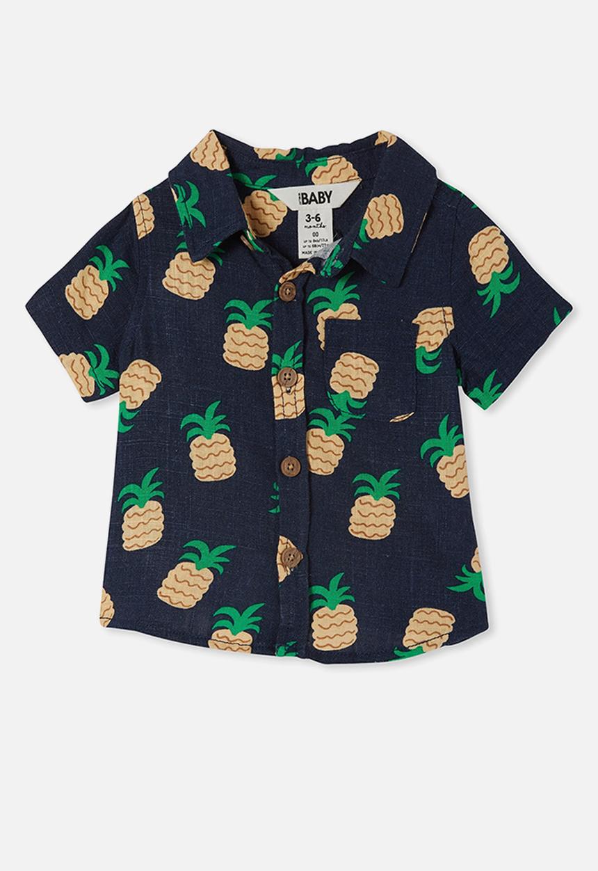 Cotton On - Leonard button down shirt - indigo & tropical pineapples