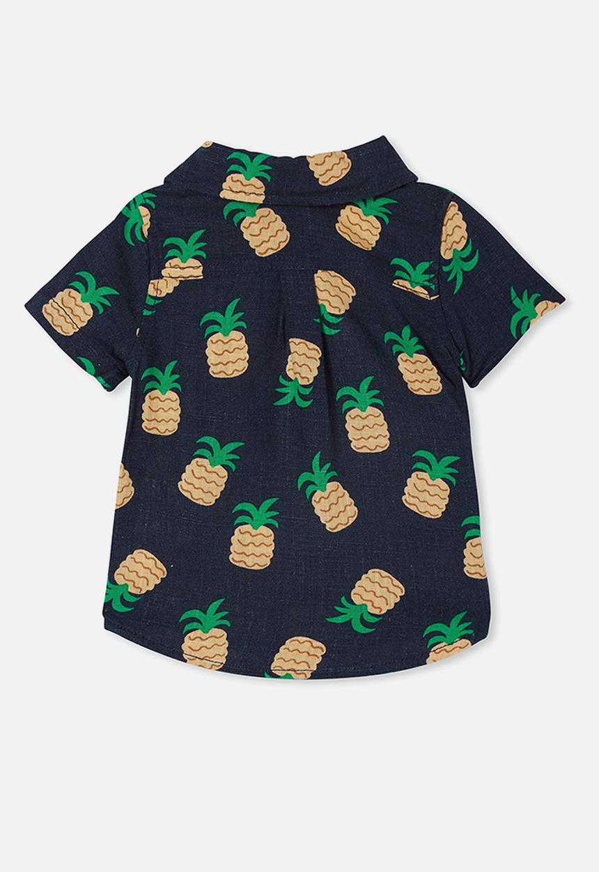 Cotton On - Leonard button down shirt - indigo & tropical pineapples