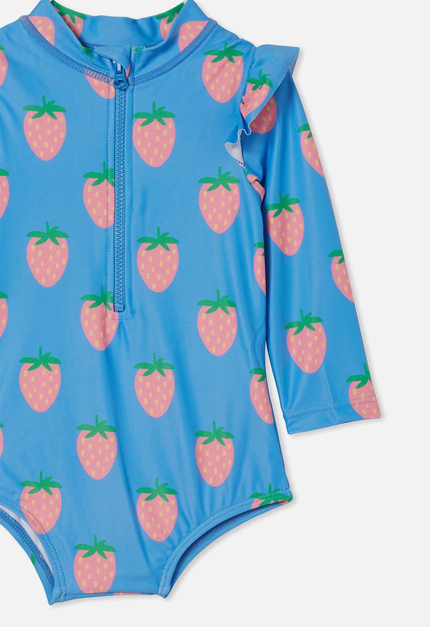 Cotton On - Nicky long sleeve ruffle swimsuit - bluebell & strawberry bliss
