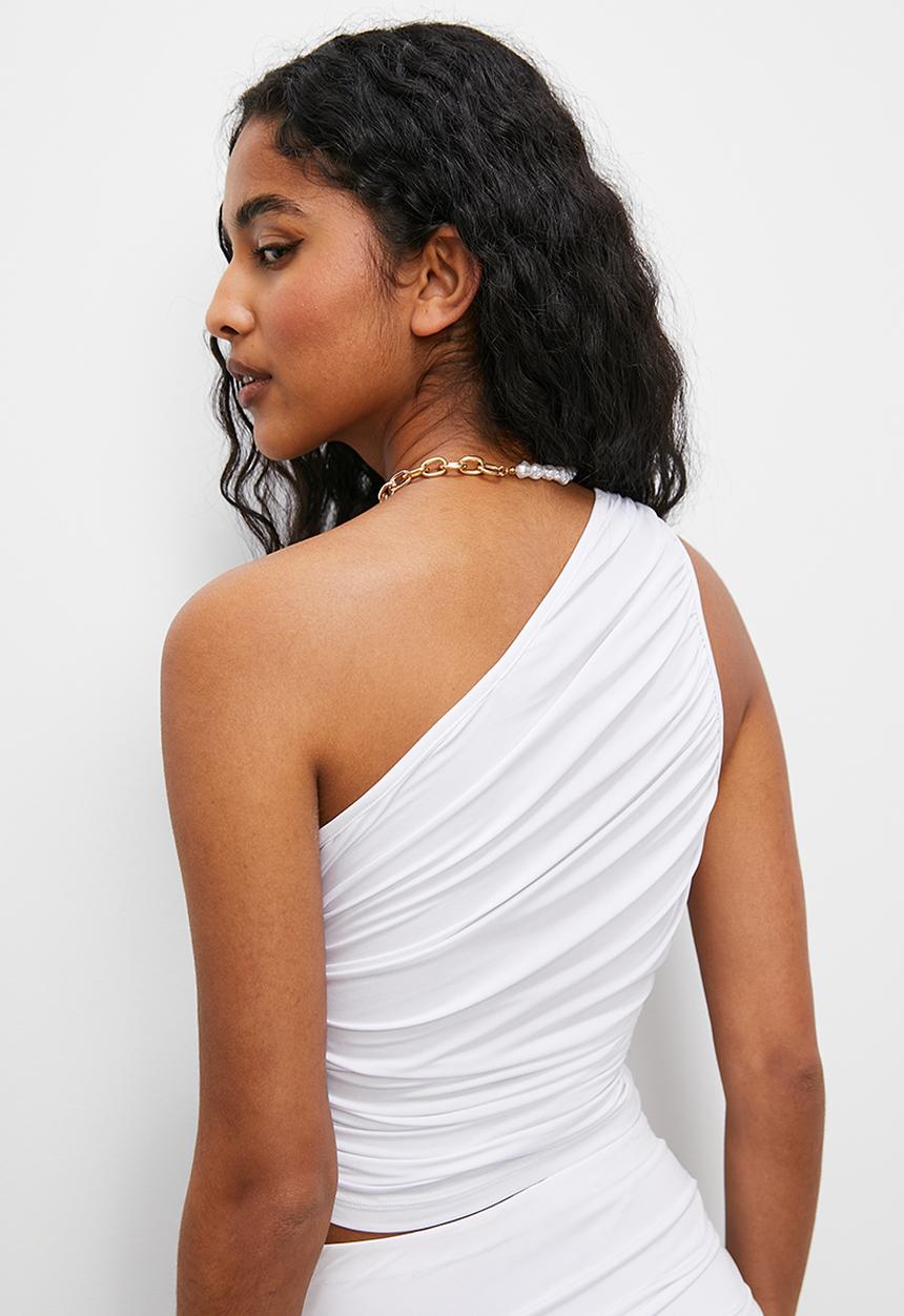 VELVET - Co ord asymmetric ruched crop top - white