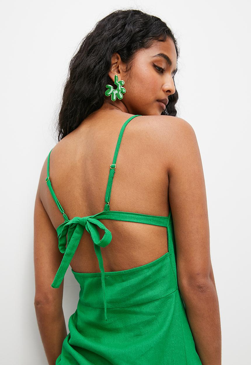 VELVET - Open back gathered linen blend midi - green