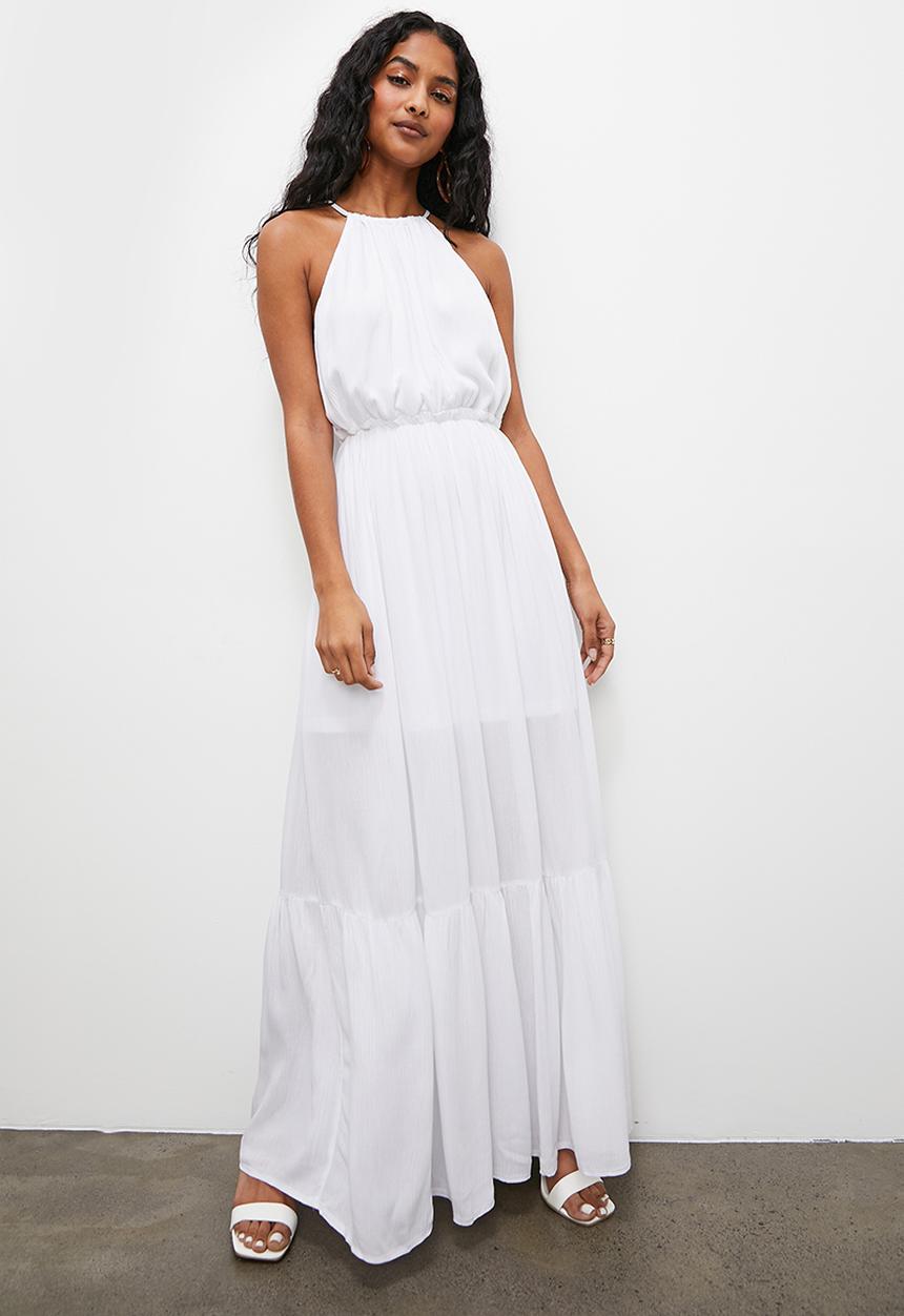 VELVET - Boho halter tiered maxi trapeze dress - white
