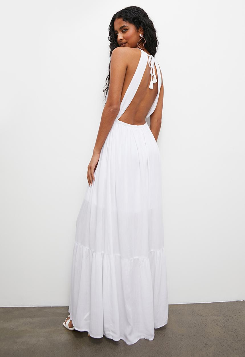 VELVET - Boho halter tiered maxi trapeze dress - white