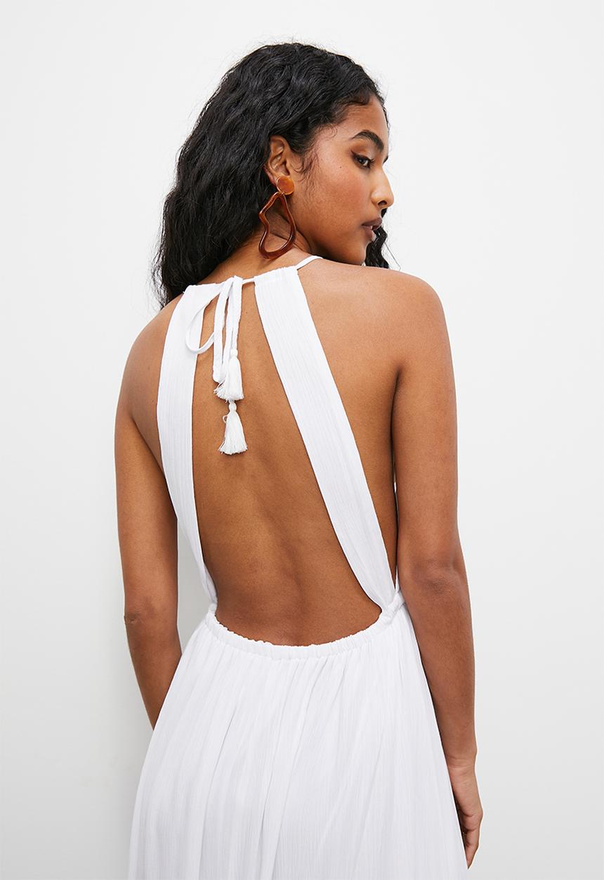 VELVET - Boho halter tiered maxi trapeze dress - white