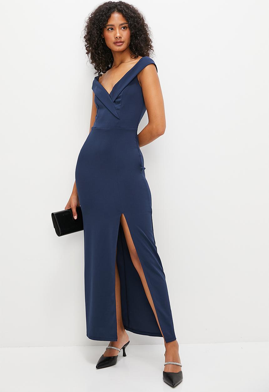 MILLA - Bardot crepe knit maxi dress- navy
