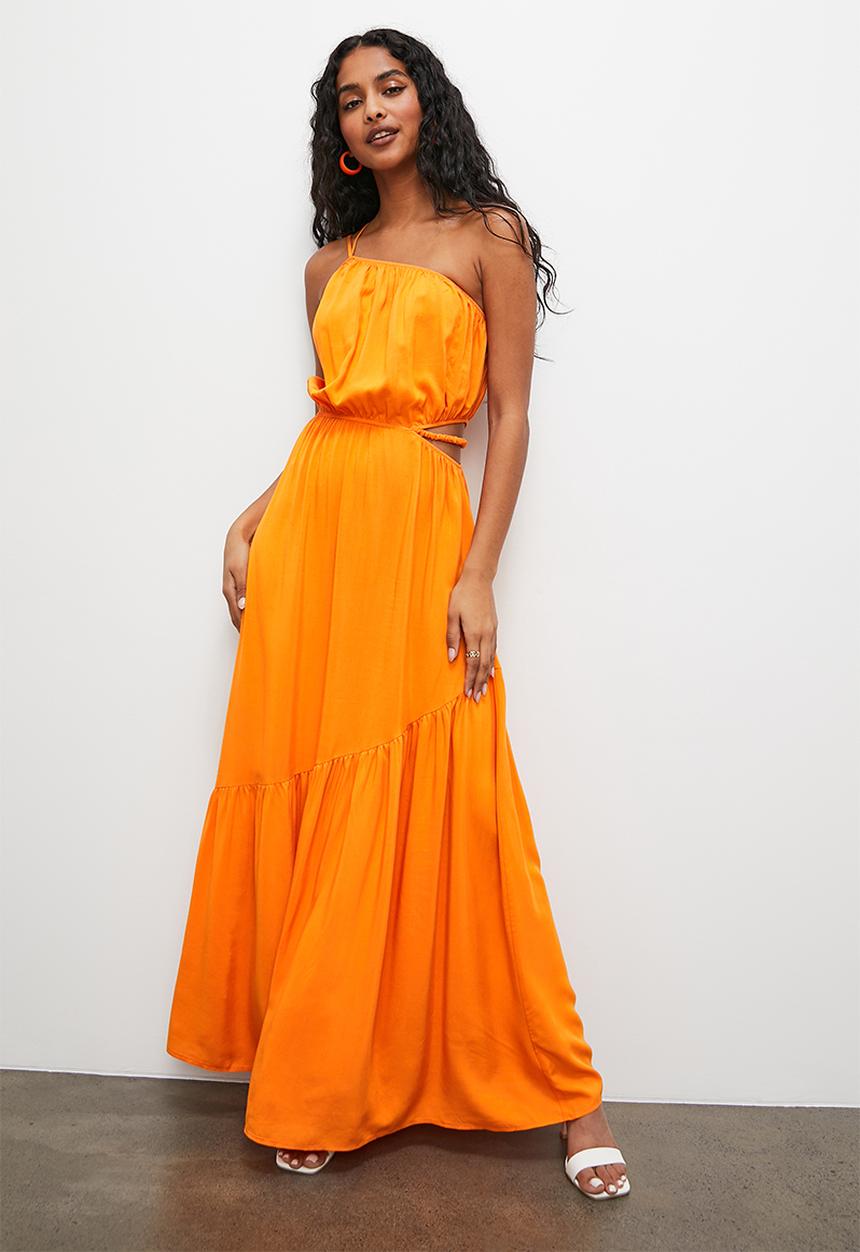 VELVET - Asymmetric cut out vacation maxi with tier - orange pepper