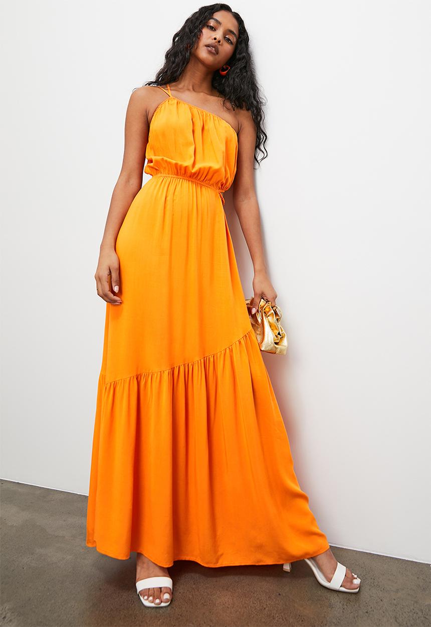VELVET - Asymmetric cut out vacation maxi with tier - orange pepper