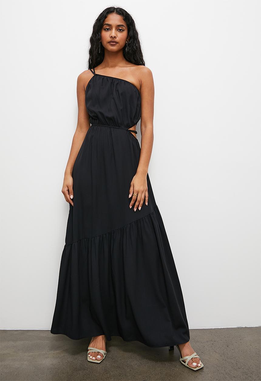 VELVET - Asymmetric cut out vacation maxi with tier - black