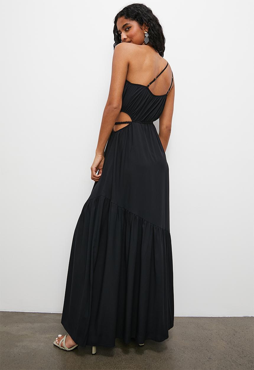 VELVET - Asymmetric cut out vacation maxi with tier - black