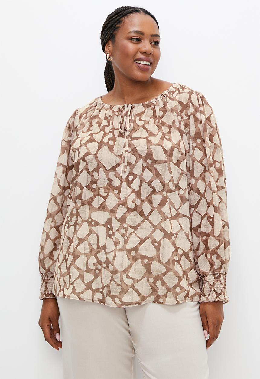 edit Plus - Chiffon shirred sleeve blouse - natural giraffe