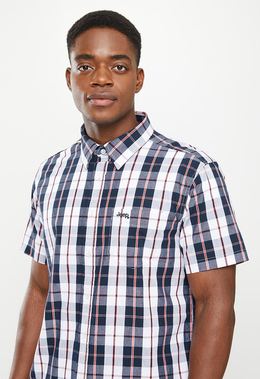 JEEP - Short sleeve yarn dyed check - navy & oxy fire