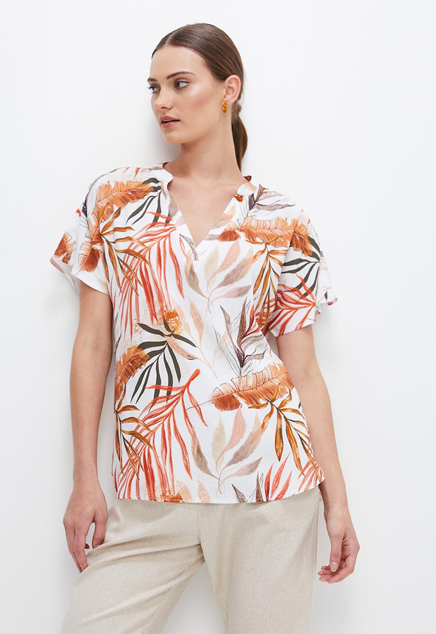 edit - V-neck longline shell - naturals palm leaf