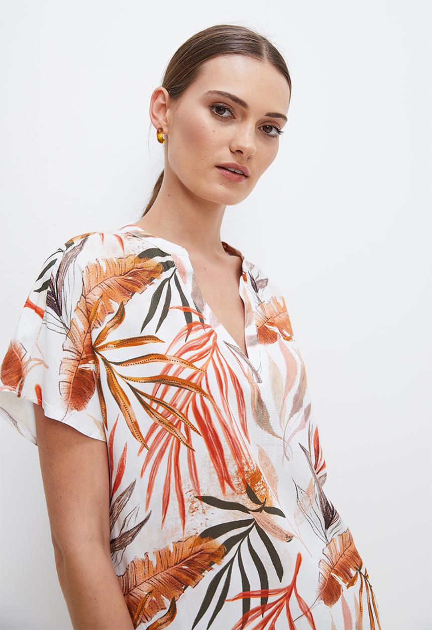 edit - V-neck longline shell - naturals palm leaf