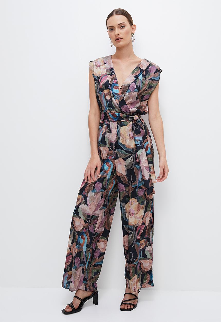 edit - Satin mock wrap belted jumpsuit - ink based botanicals