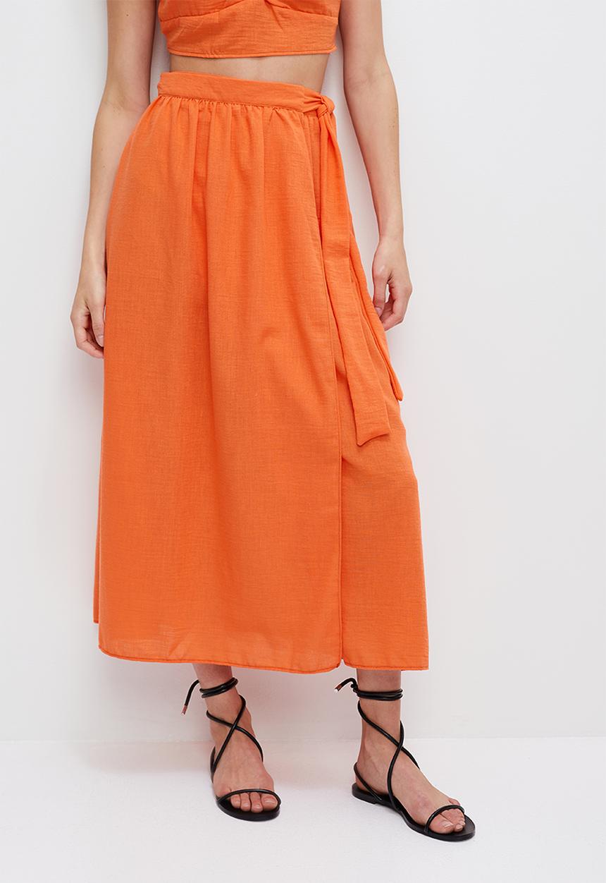 MILLA - Co-ord linen wrap midi skirt - orange