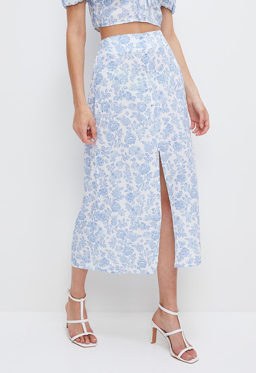 MILLA - Co-ord button detail midi skirt - white & blue 