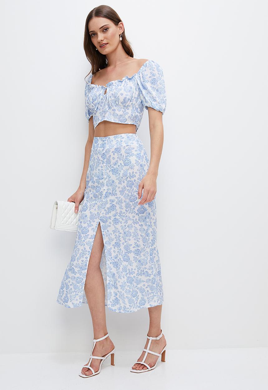 MILLA - Co-ord button detail midi skirt - white & blue 