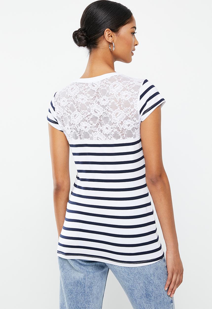 SISSY BOY - Anchored shores: regular fit top with lace back inset - navy & white