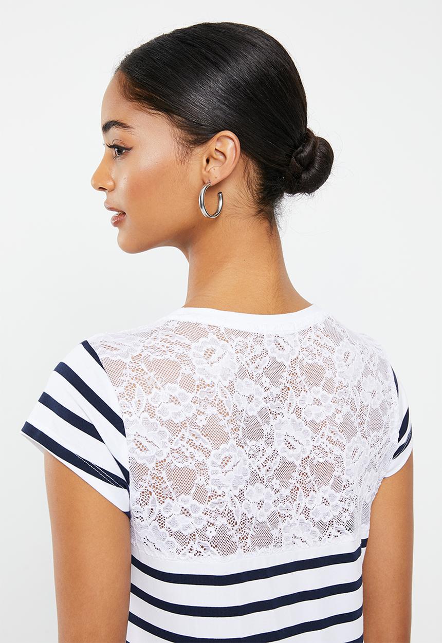 SISSY BOY - Anchored shores: regular fit top with lace back inset - navy & white