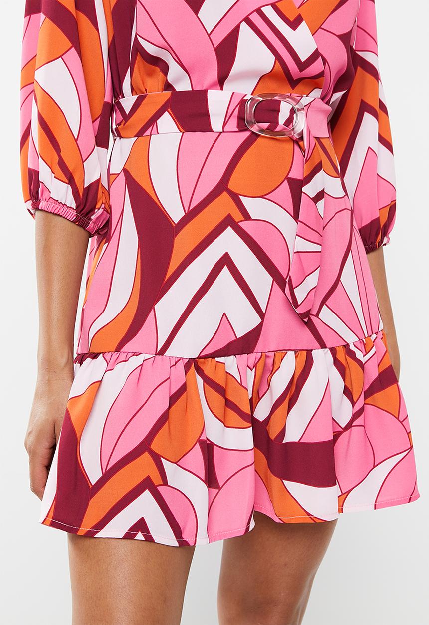 SISSY BOY - Trust your process: layered dress with belt - cerise pink & orange