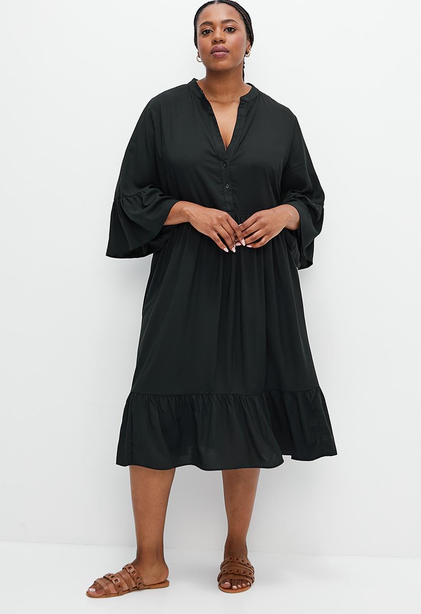 edit Plus - Mandarin collar tiered swing dress - black
