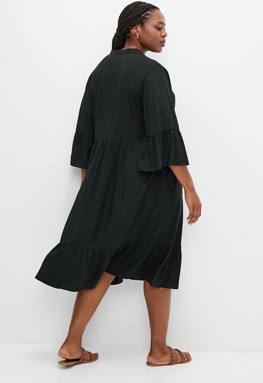 edit Plus - Mandarin collar tiered swing dress - black