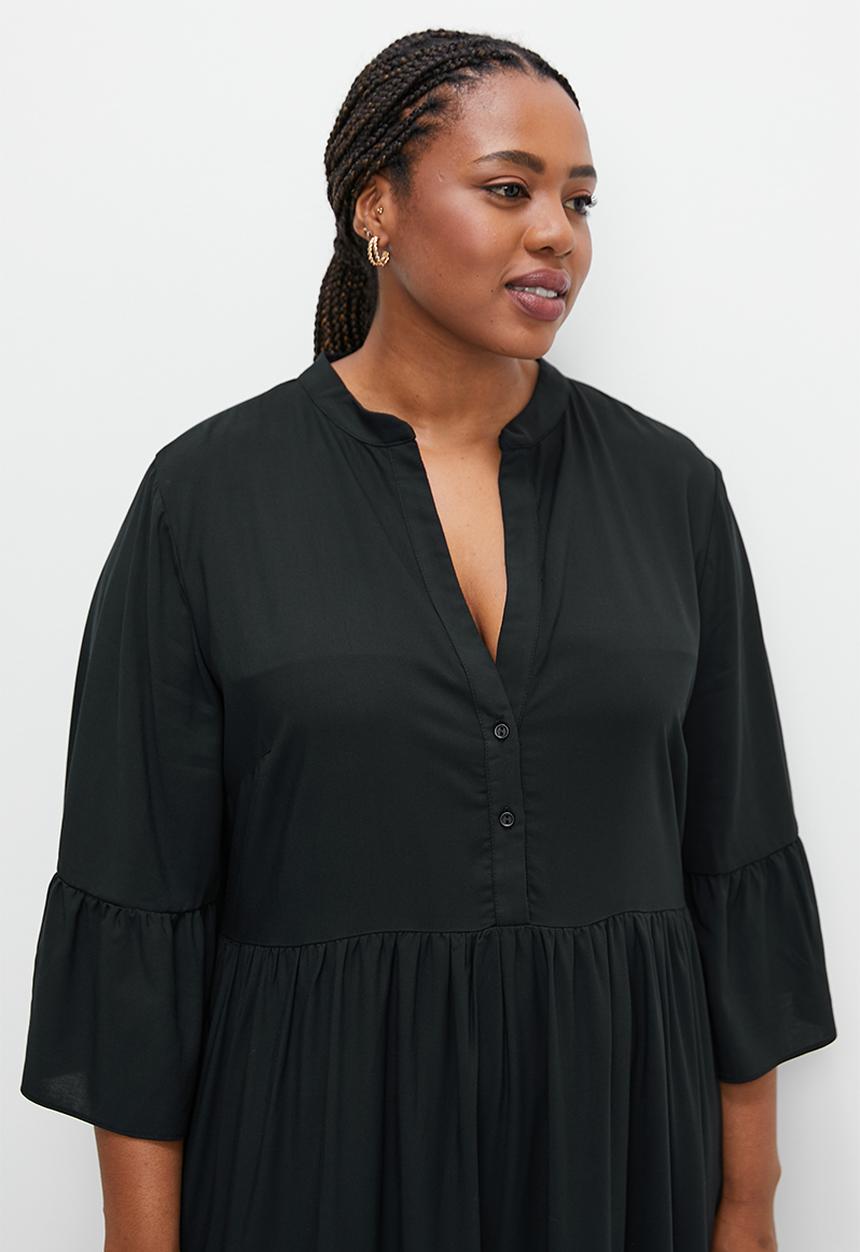 edit Plus - Mandarin collar tiered swing dress - black